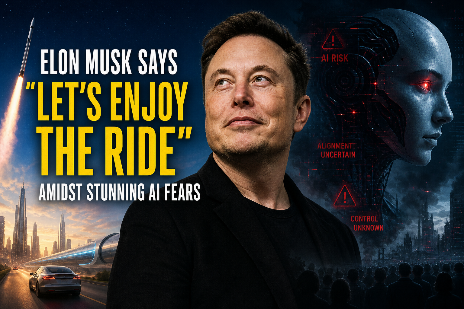 Illustration of Elon Musk Says "Let's Enjoy the Ride" Amidst Stunning AI Fears