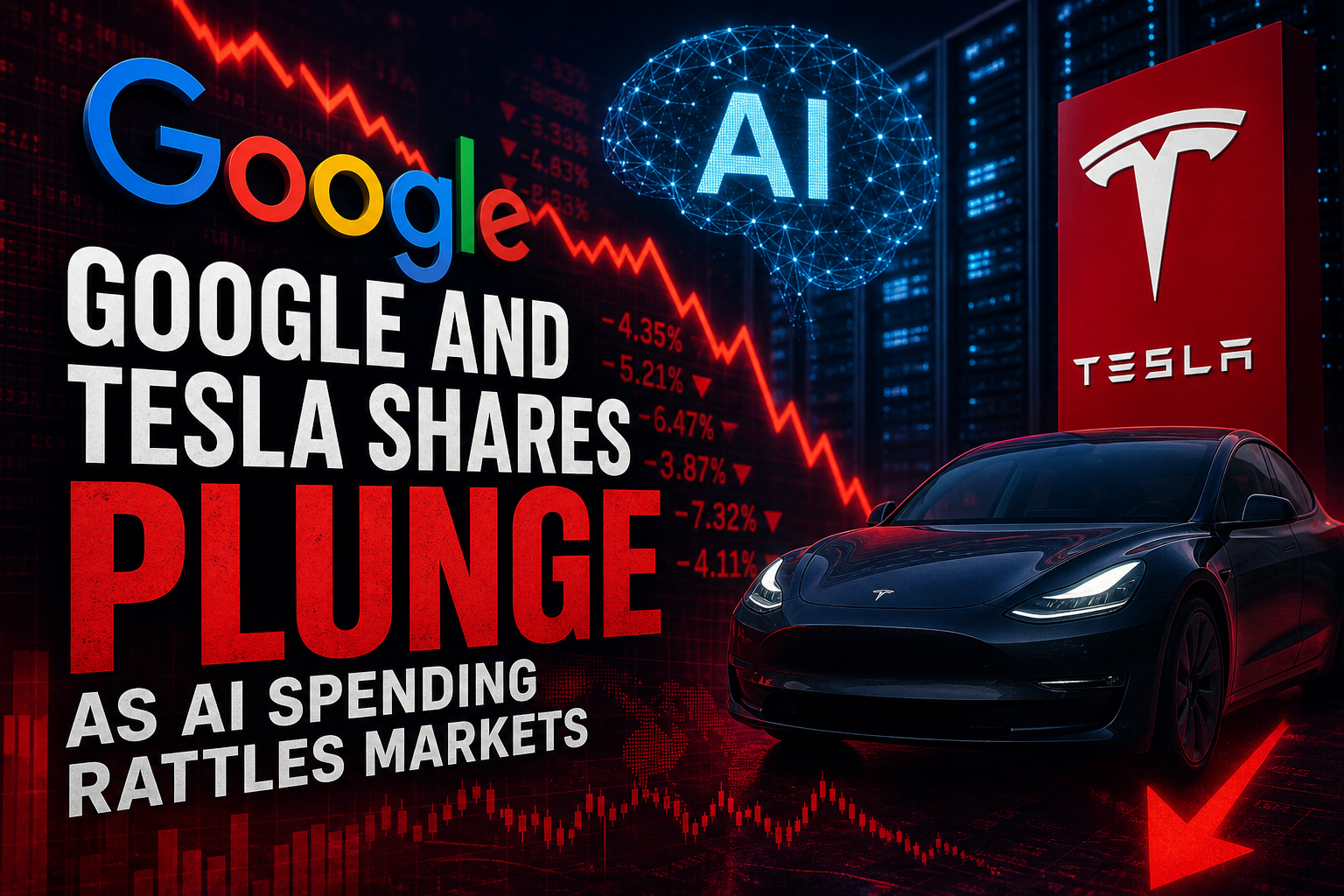 Illustration of Google and Tesla Shares Plunge as AI Spending Rattles Markets