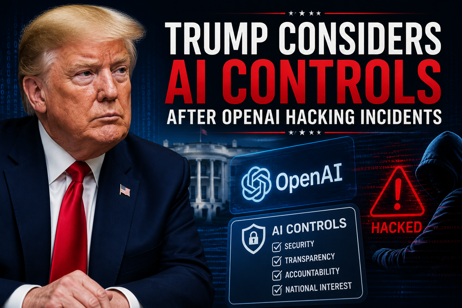Illustration of Trump Considers AI Controls After OpenAI Hacking Incidents