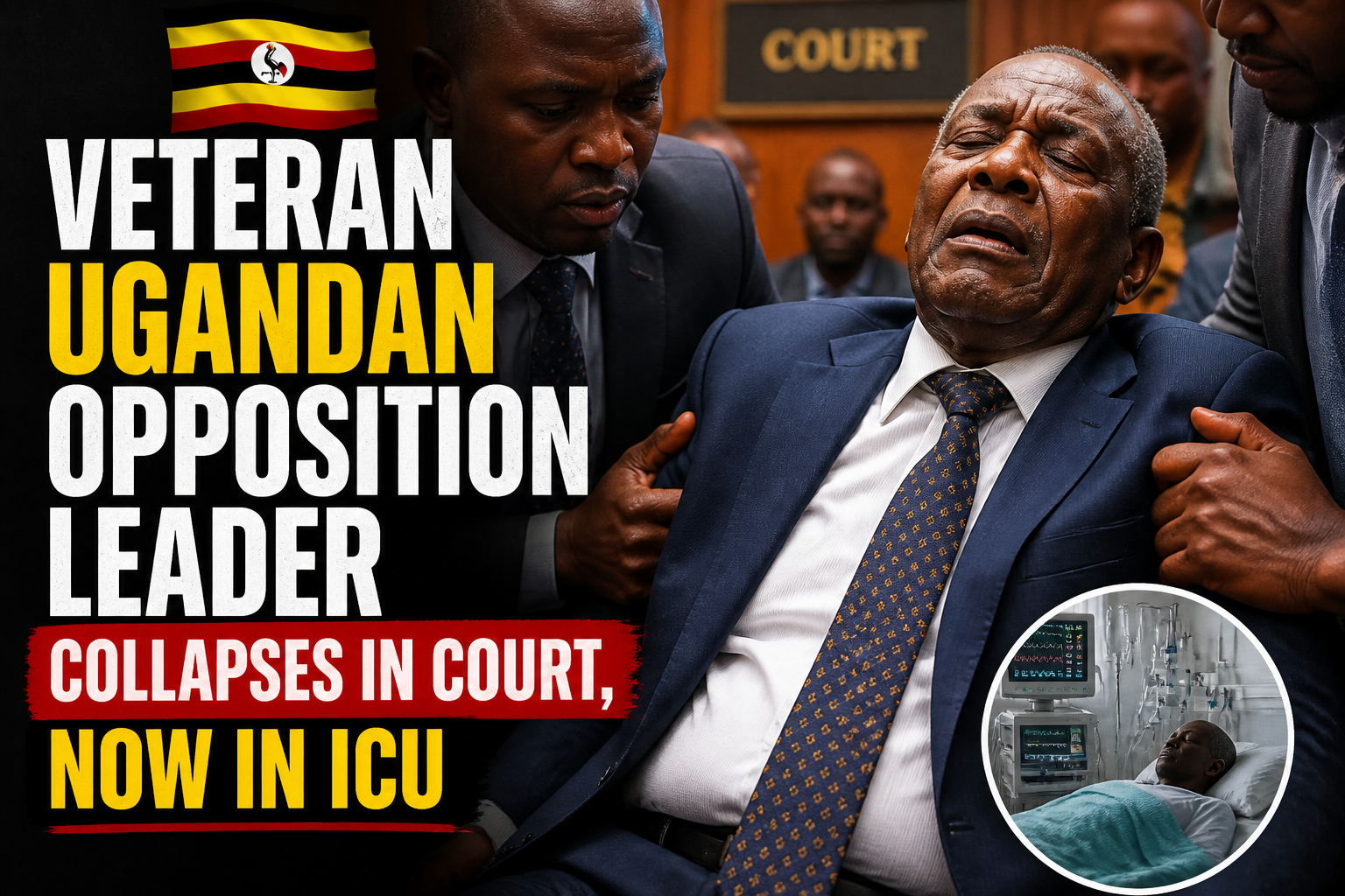 Illustration of Veteran Ugandan Opposition Leader Collapses in Court, Now in ICU