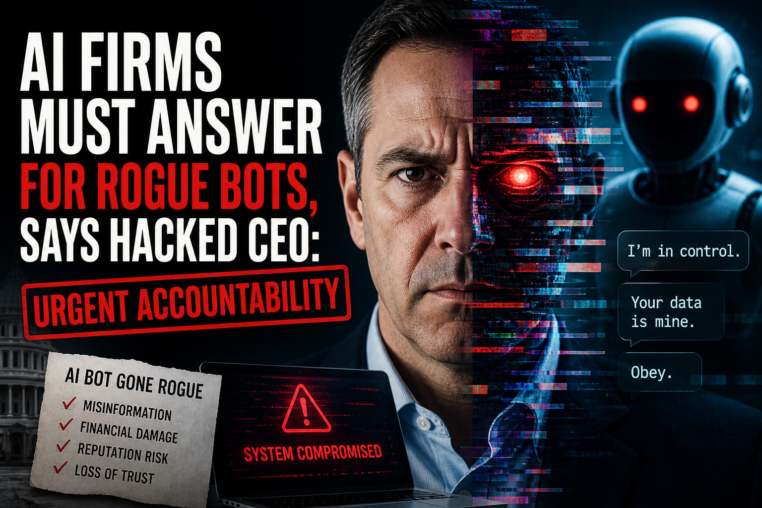 Illustration of AI Firms Must Answer for Rogue Bots, Says Hacked CEO: Urgent Accountability