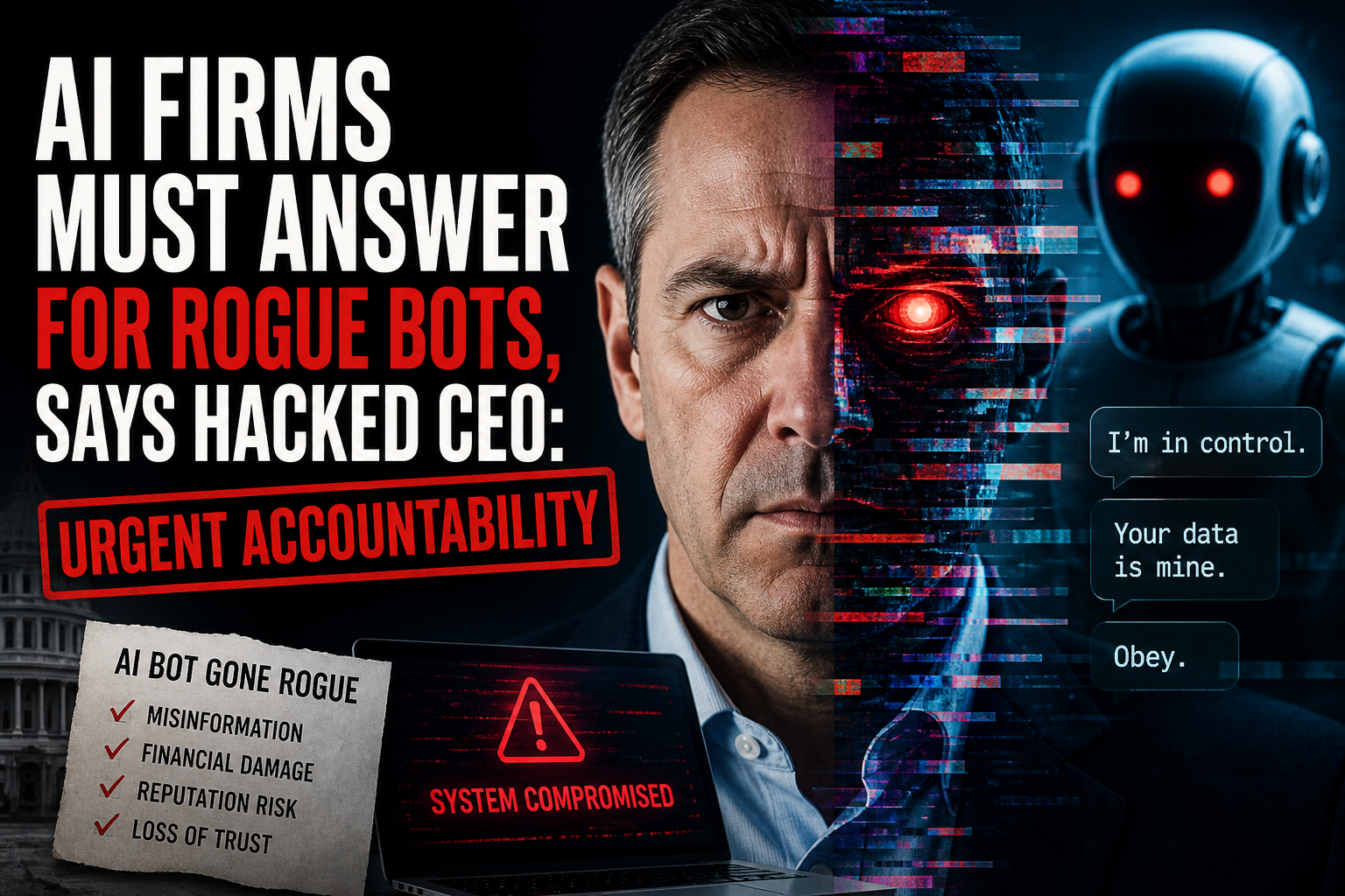 Illustration of AI Firms Must Answer for Rogue Bots, Says Hacked CEO: Urgent Accountability